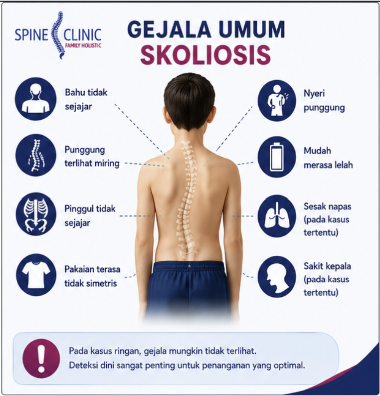 Gejala skoliosis seperti bahu tidak sejajar, punggung miring, pinggul tidak simetris, nyeri punggung, dan mudah lelah