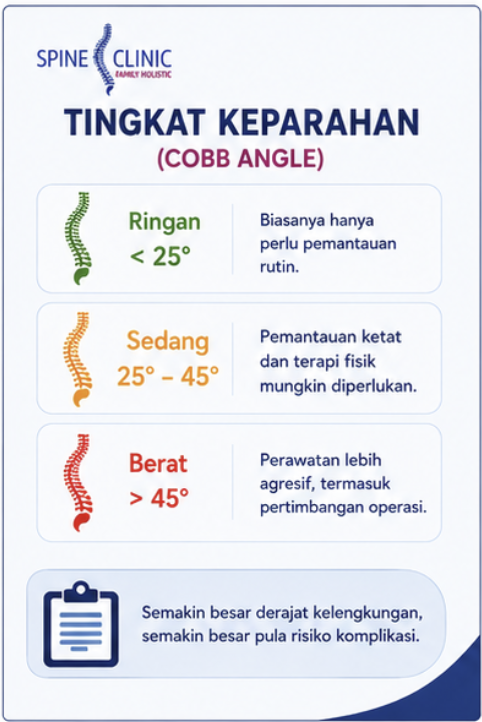 Tingkat keparahan skoliosis berdasarkan sudut Cobb mulai dari ringan sedang hingga berat